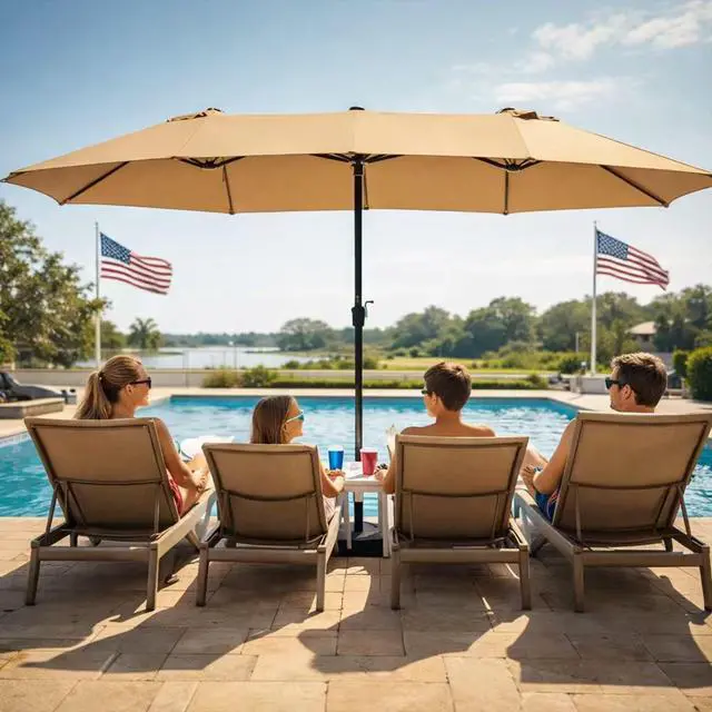 Alt view image 2 of 6 - 15 FT Double-Sided Rectangular Patio Umbrella, Base Included, Crank Lift Outdoor Patio Umbrella with UV Protection for Backyard, Pool & Garden Beige