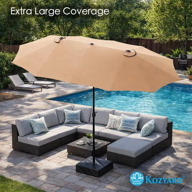Alt view image 3 of 6 - 15 FT Double-Sided Rectangular Patio Umbrella, Base Included, Crank Lift Outdoor Patio Umbrella with UV Protection for Backyard, Pool & Garden Beige