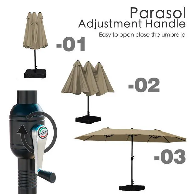 Alt view image 4 of 6 - 15 FT Double-Sided Rectangular Patio Umbrella, Base Included, Crank Lift Outdoor Patio Umbrella with UV Protection for Backyard, Pool & Garden Beige