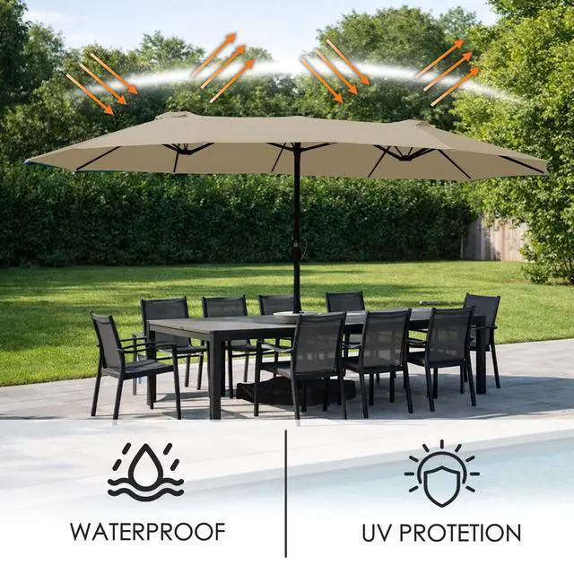 Alt view image 6 of 6 - 15 FT Double-Sided Rectangular Patio Umbrella, Base Included, Crank Lift Outdoor Patio Umbrella with UV Protection for Backyard, Pool & Garden Beige