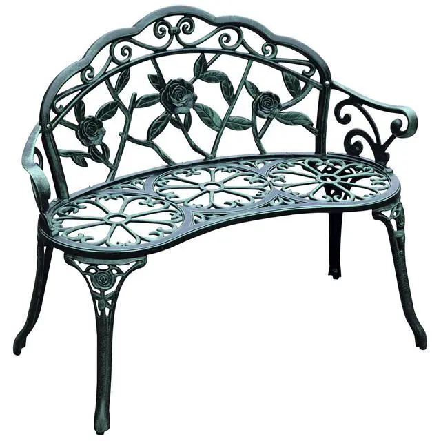Main image of Outdoor Bench, Cast Aluminum Outdoor Furniture, Metal Bench with Floral Rose Accent & Antique Finish, Green
