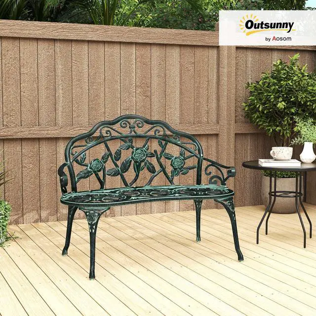 Alt view image 2 of 6 - Outdoor Bench, Cast Aluminum Outdoor Furniture, Metal Bench with Floral Rose Accent & Antique Finish, Green