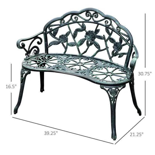 Alt view image 3 of 6 - Outdoor Bench, Cast Aluminum Outdoor Furniture, Metal Bench with Floral Rose Accent & Antique Finish, Green