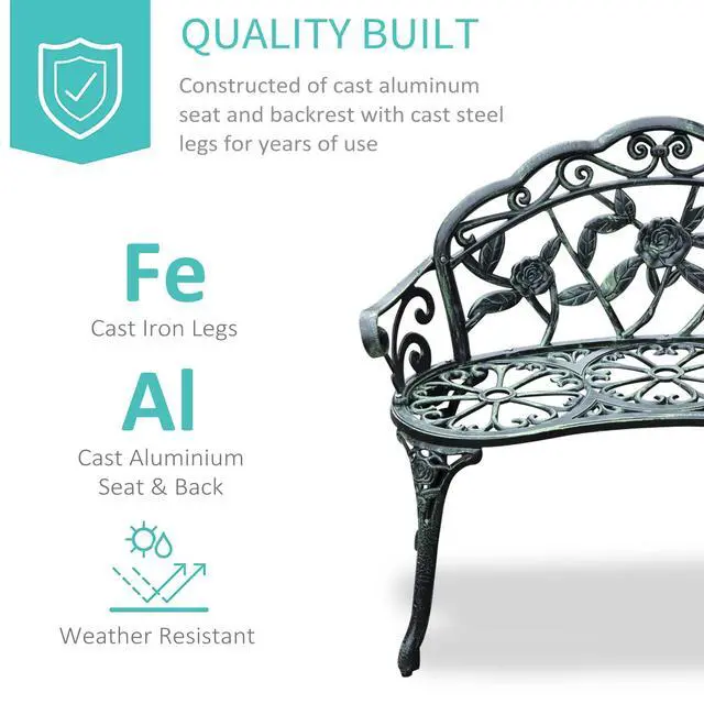 Alt view image 4 of 6 - Outdoor Bench, Cast Aluminum Outdoor Furniture, Metal Bench with Floral Rose Accent & Antique Finish, Green