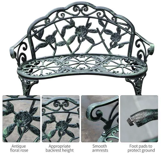 Alt view image 5 of 6 - Outdoor Bench, Cast Aluminum Outdoor Furniture, Metal Bench with Floral Rose Accent & Antique Finish, Green