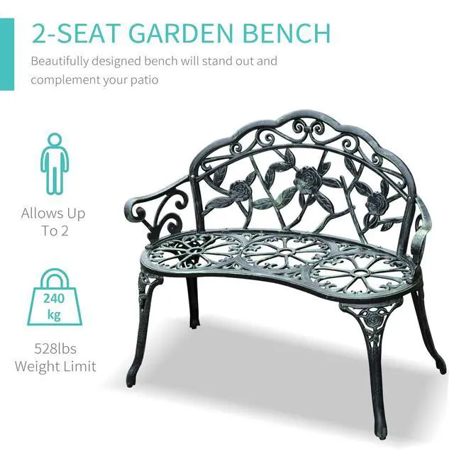 Alt view image 6 of 6 - Outdoor Bench, Cast Aluminum Outdoor Furniture, Metal Bench with Floral Rose Accent & Antique Finish, Green