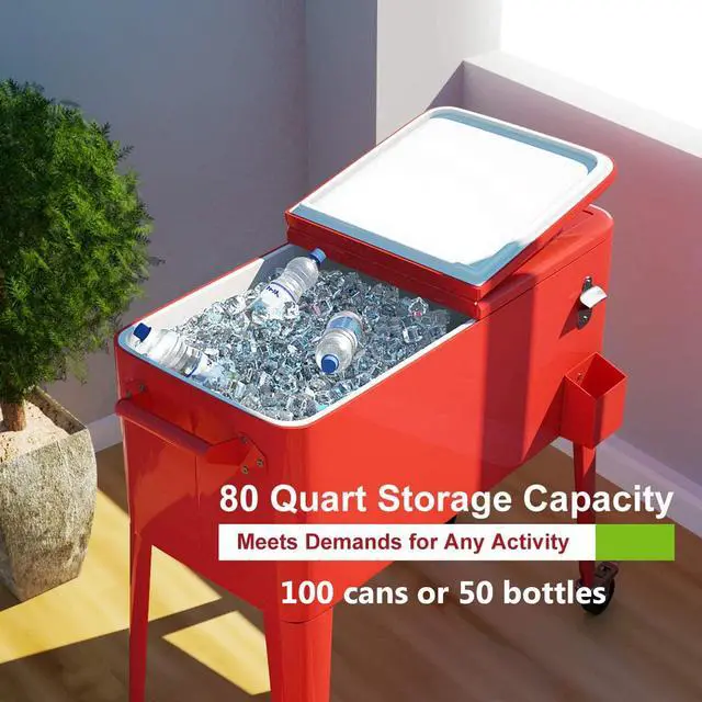 Alt view image 2 of 6 - 80 Quart Rolling Patio Cooler Cart with Bottom Storage Shelf & Drain, Outdoor Ice Chest with Lockable Wheels, Bottle Opener & Cap Catcher, for Party Poolside Backyard BBQ
