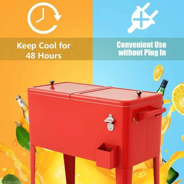 Alt view image 3 of 6 - 80 Quart Rolling Patio Cooler Cart with Bottom Storage Shelf & Drain, Outdoor Ice Chest with Lockable Wheels, Bottle Opener & Cap Catcher, for Party Poolside Backyard BBQ