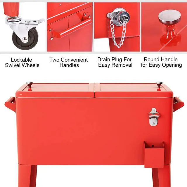 Alt view image 5 of 6 - 80 Quart Rolling Patio Cooler Cart with Bottom Storage Shelf & Drain, Outdoor Ice Chest with Lockable Wheels, Bottle Opener & Cap Catcher, for Party Poolside Backyard BBQ