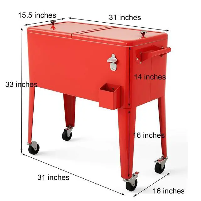 Alt view image 6 of 6 - 80 Quart Rolling Patio Cooler Cart with Bottom Storage Shelf & Drain, Outdoor Ice Chest with Lockable Wheels, Bottle Opener & Cap Catcher, for Party Poolside Backyard BBQ
