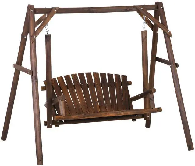 Main image of 2-Seat Porch Swing with Stand, Wooden Patio Swing Chair Bench, for Garden, Poolside, Backyard, Brown