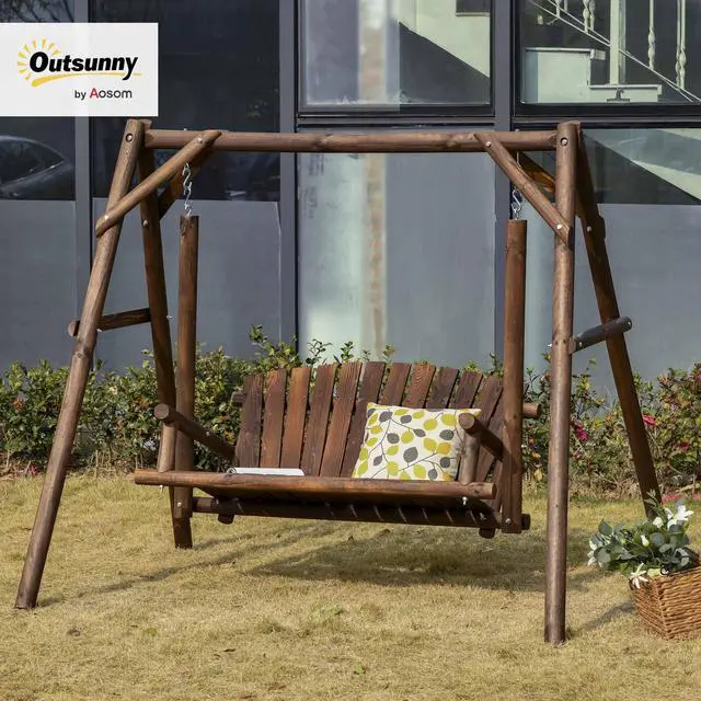 Alt view image 2 of 6 - 2-Seat Porch Swing with Stand, Wooden Patio Swing Chair Bench, for Garden, Poolside, Backyard, Brown