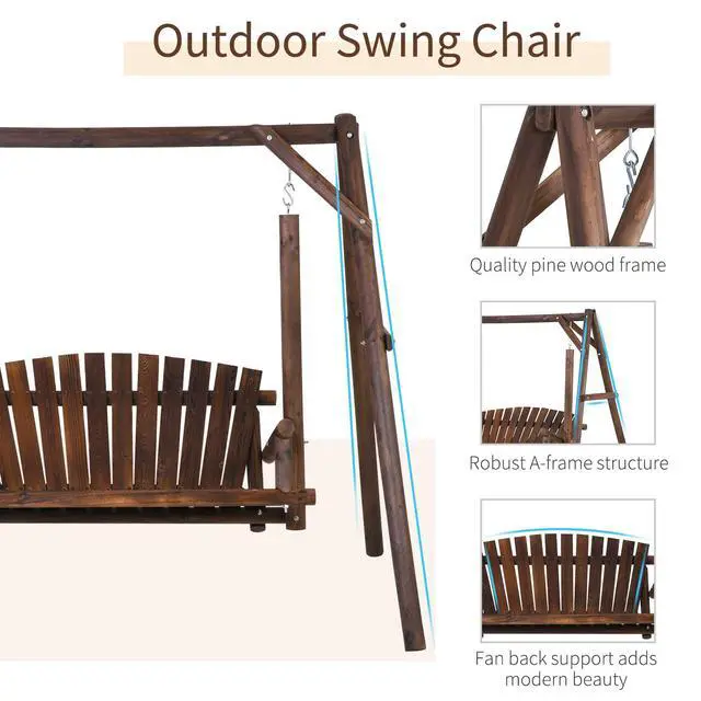 Alt view image 3 of 6 - 2-Seat Porch Swing with Stand, Wooden Patio Swing Chair Bench, for Garden, Poolside, Backyard, Brown