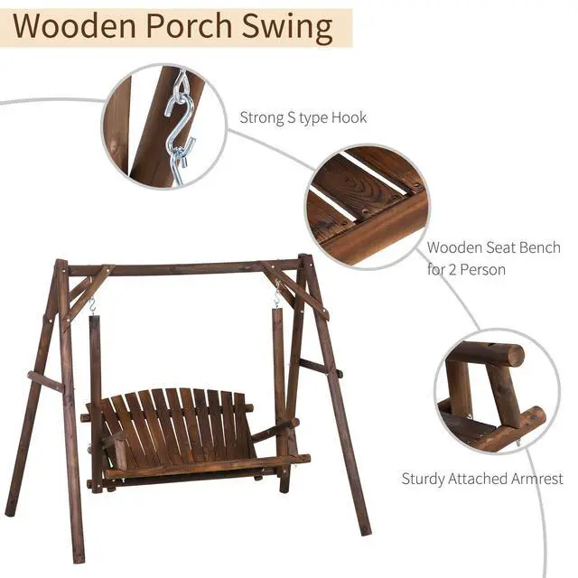 Alt view image 4 of 6 - 2-Seat Porch Swing with Stand, Wooden Patio Swing Chair Bench, for Garden, Poolside, Backyard, Brown