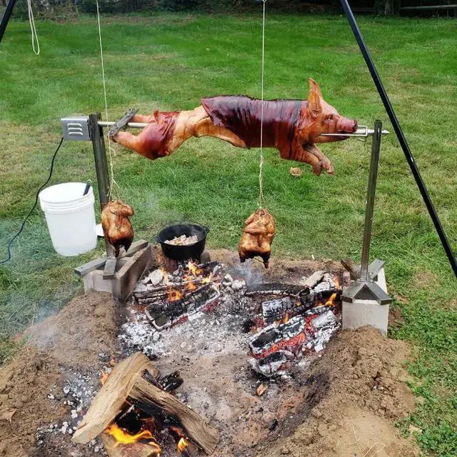 Alt view image 2 of 6 - Ash & Ember 13W Tripod Rotisserie Roaster Stand, Rated 85 LB, Adjustable Height Open Fire Roaster, Round Stainless Steel Spit Rod, Electric BBQ Grill Stand for Pork, Chicken, Lamb, or Goat
