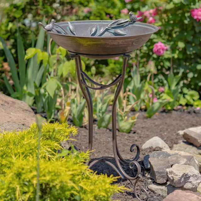 Main image of Deep Well Made Metal Birdbath with 2 Cast Iron Birds and Leaf Decoration (Bronze)