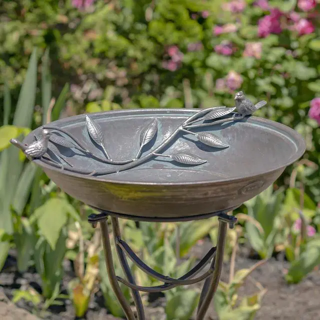 Alt view image 2 of 6 - Deep Well Made Metal Birdbath with 2 Cast Iron Birds and Leaf Decoration (Bronze)