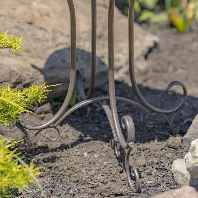 Alt view image 3 of 6 - Deep Well Made Metal Birdbath with 2 Cast Iron Birds and Leaf Decoration (Bronze)