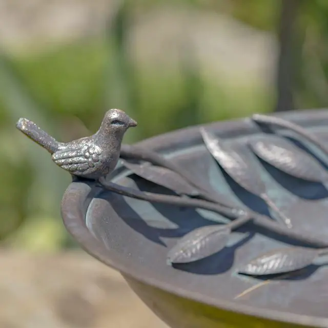 Alt view image 4 of 6 - Deep Well Made Metal Birdbath with 2 Cast Iron Birds and Leaf Decoration (Bronze)
