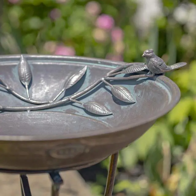 Alt view image 5 of 6 - Deep Well Made Metal Birdbath with 2 Cast Iron Birds and Leaf Decoration (Bronze)