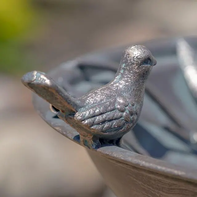 Alt view image 6 of 6 - Deep Well Made Metal Birdbath with 2 Cast Iron Birds and Leaf Decoration (Bronze)