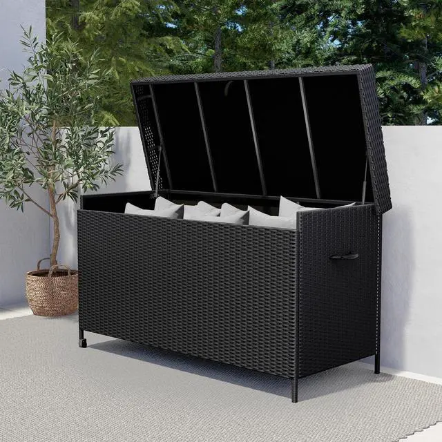 Main image of 170 Gallon Deck Storage Box Deck Box Outdoor Storage Box Indoor Wicker Storage Bin Patio Storage Box for Patio Furniture Cushions Garden Tools Pool Accessories, Black