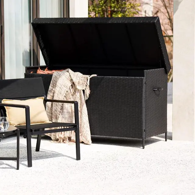 Alt view image 3 of 6 - 170 Gallon Deck Storage Box Deck Box Outdoor Storage Box Indoor Wicker Storage Bin Patio Storage Box for Patio Furniture Cushions Garden Tools Pool Accessories, Black