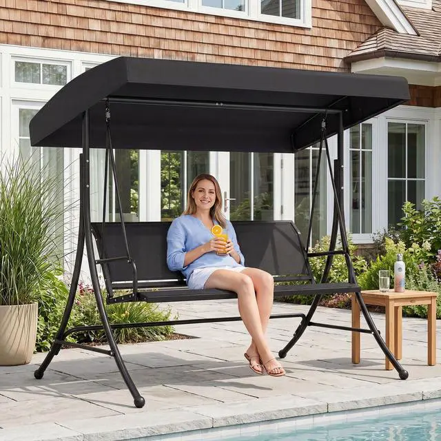 Alt view image 2 of 6 - 3 Person Porch Swing, Patio Swing with Adjustable Canopy, Heavy-Duty Frame, Breathable Fabric, Outdoor Swing for Porch, Garden, Backyard, Poolside, 800 LBS Max Load