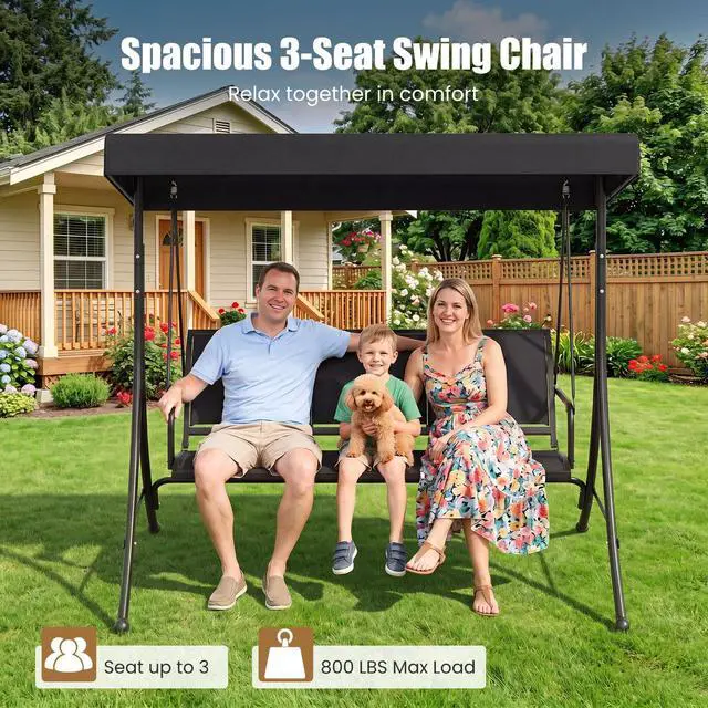 Alt view image 3 of 6 - 3 Person Porch Swing, Patio Swing with Adjustable Canopy, Heavy-Duty Frame, Breathable Fabric, Outdoor Swing for Porch, Garden, Backyard, Poolside, 800 LBS Max Load