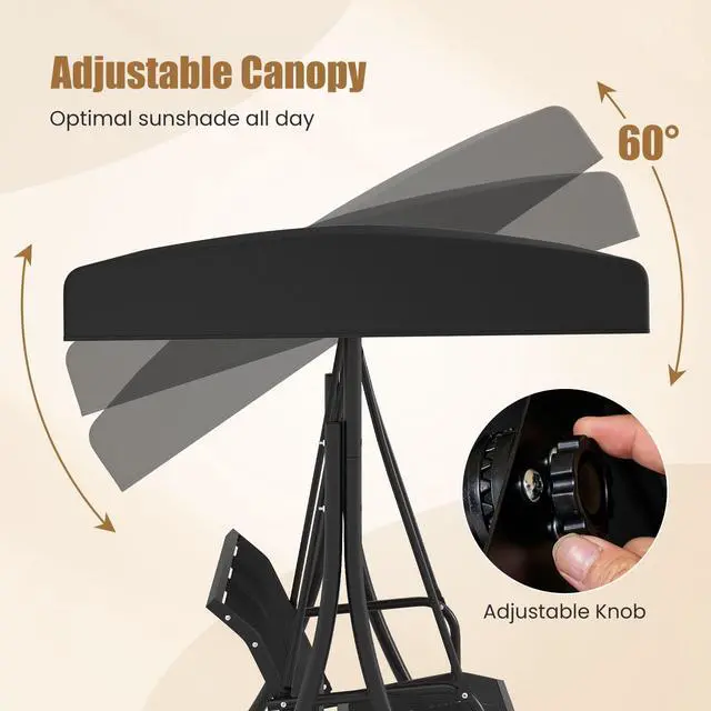 Alt view image 4 of 6 - 3 Person Porch Swing, Patio Swing with Adjustable Canopy, Heavy-Duty Frame, Breathable Fabric, Outdoor Swing for Porch, Garden, Backyard, Poolside, 800 LBS Max Load