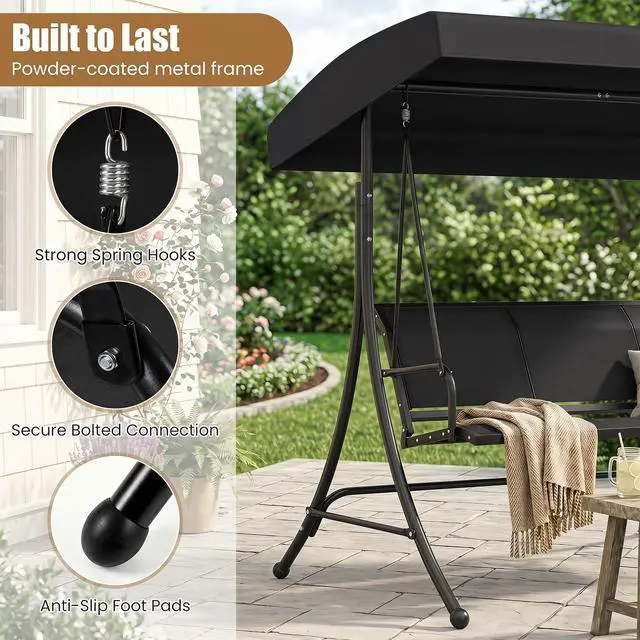 Alt view image 5 of 6 - 3 Person Porch Swing, Patio Swing with Adjustable Canopy, Heavy-Duty Frame, Breathable Fabric, Outdoor Swing for Porch, Garden, Backyard, Poolside, 800 LBS Max Load