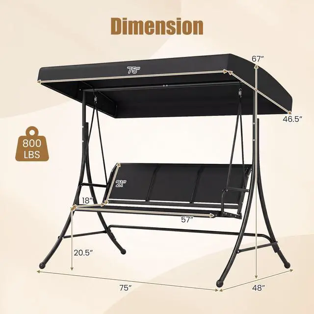 Alt view image 6 of 6 - 3 Person Porch Swing, Patio Swing with Adjustable Canopy, Heavy-Duty Frame, Breathable Fabric, Outdoor Swing for Porch, Garden, Backyard, Poolside, 800 LBS Max Load