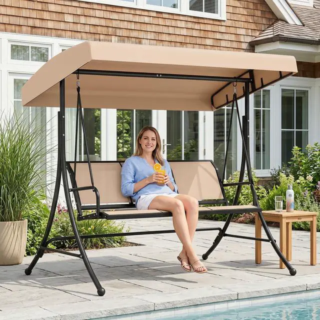 Alt view image 2 of 6 - 3 Person Porch Swing, Patio Swing with Adjustable Canopy, Heavy-Duty Frame, Breathable Fabric, Outdoor Swing for Porch, Garden, Backyard, Poolside, 800 LBS Max Load