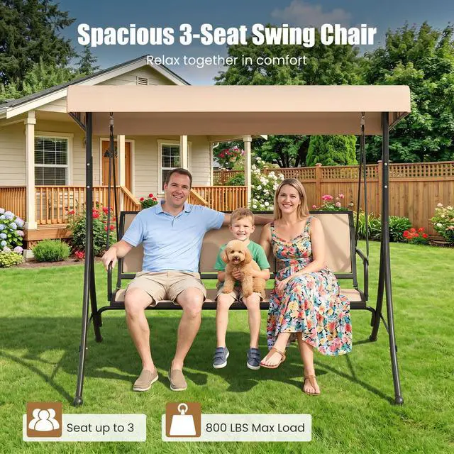 Alt view image 3 of 6 - 3 Person Porch Swing, Patio Swing with Adjustable Canopy, Heavy-Duty Frame, Breathable Fabric, Outdoor Swing for Porch, Garden, Backyard, Poolside, 800 LBS Max Load