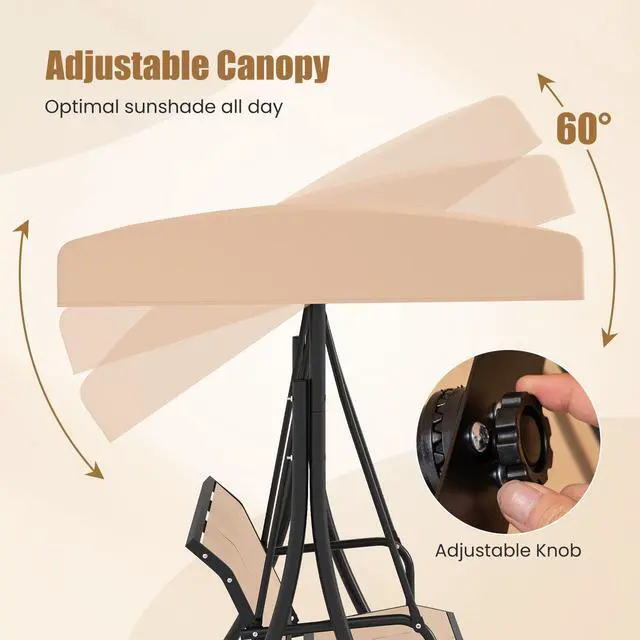 Alt view image 4 of 6 - 3 Person Porch Swing, Patio Swing with Adjustable Canopy, Heavy-Duty Frame, Breathable Fabric, Outdoor Swing for Porch, Garden, Backyard, Poolside, 800 LBS Max Load