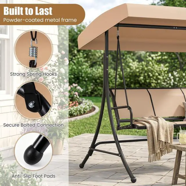 Alt view image 5 of 6 - 3 Person Porch Swing, Patio Swing with Adjustable Canopy, Heavy-Duty Frame, Breathable Fabric, Outdoor Swing for Porch, Garden, Backyard, Poolside, 800 LBS Max Load
