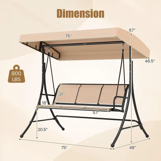 Alt view image 6 of 6 - 3 Person Porch Swing, Patio Swing with Adjustable Canopy, Heavy-Duty Frame, Breathable Fabric, Outdoor Swing for Porch, Garden, Backyard, Poolside, 800 LBS Max Load