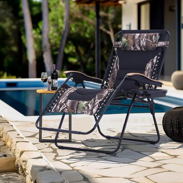 Alt view image 2 of 6 - Zero Gravity Chairs, Oversized Patio Recliner Chair, Padded Folding Lawn Chair with Cup Holder Tray, Support 400lbs, Camouflage