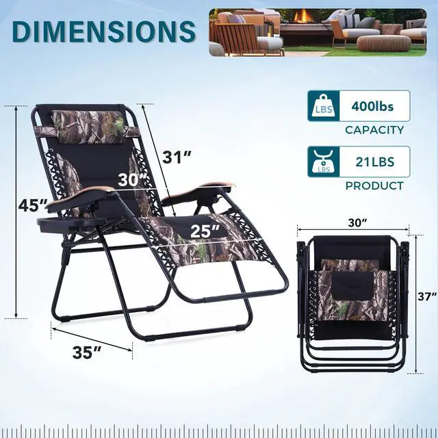 Alt view image 3 of 6 - Zero Gravity Chairs, Oversized Patio Recliner Chair, Padded Folding Lawn Chair with Cup Holder Tray, Support 400lbs, Camouflage
