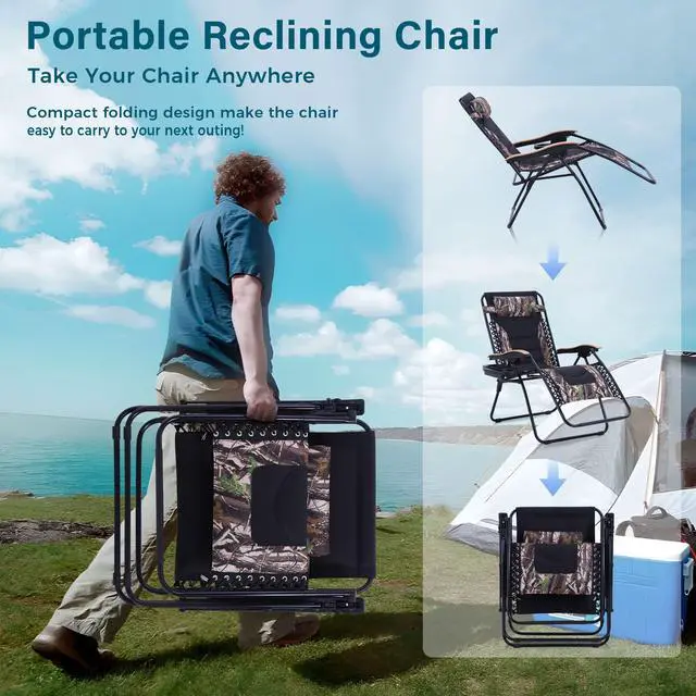 Alt view image 5 of 6 - Zero Gravity Chairs, Oversized Patio Recliner Chair, Padded Folding Lawn Chair with Cup Holder Tray, Support 400lbs, Camouflage