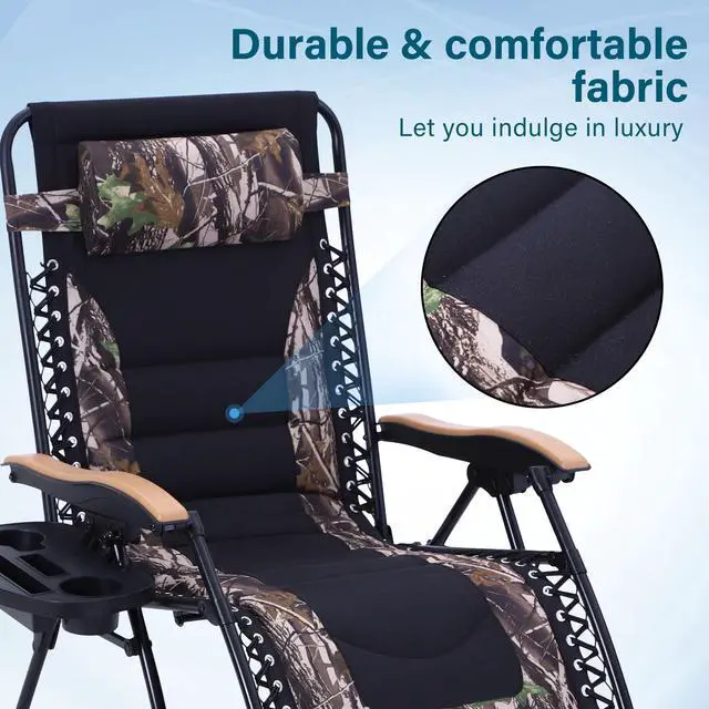 Alt view image 6 of 6 - Zero Gravity Chairs, Oversized Patio Recliner Chair, Padded Folding Lawn Chair with Cup Holder Tray, Support 400lbs, Camouflage