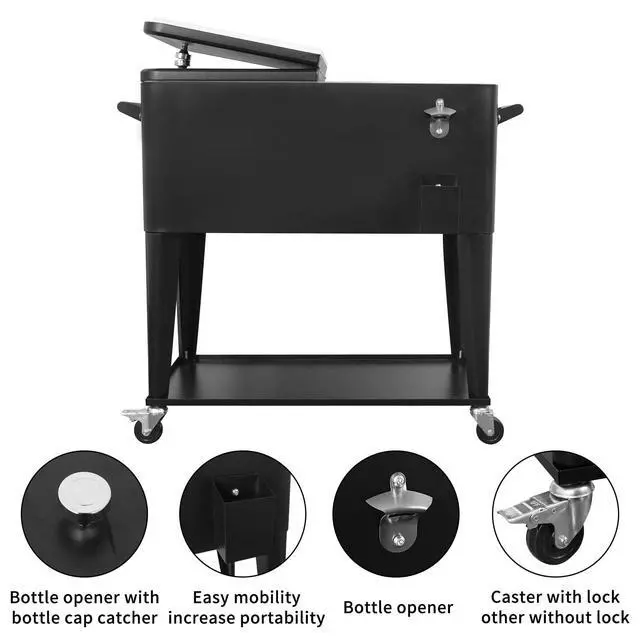 Alt view image 3 of 6 - 80 Quart Rolling Ice Chest Cooler Cart,for Outdoor Patio Deck Party Portable Party Bar Cold Drink Beverage Cart, Backyard Cooler Trolley on Wheels with Shelf, Bottle Opener