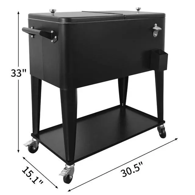 Alt view image 6 of 6 - 80 Quart Rolling Ice Chest Cooler Cart,for Outdoor Patio Deck Party Portable Party Bar Cold Drink Beverage Cart, Backyard Cooler Trolley on Wheels with Shelf, Bottle Opener