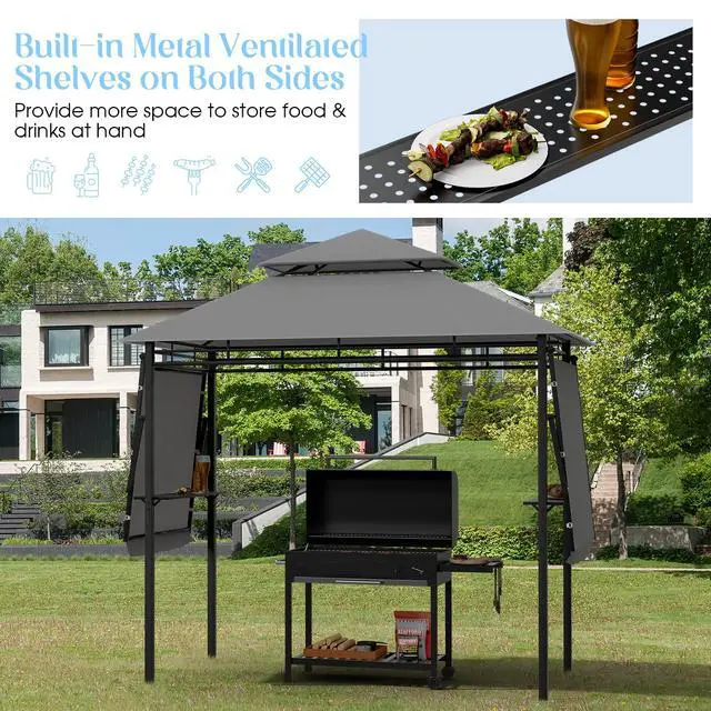 Alt view image 2 of 6 - 13.5x4 Ft Grill Shelter With Dual Side Awnings, Double Tiered BBQ With Shelves, Heavy-Duty Steel Frame, CPAI-84 Fire-Resistant Patio & Garden Gazebo