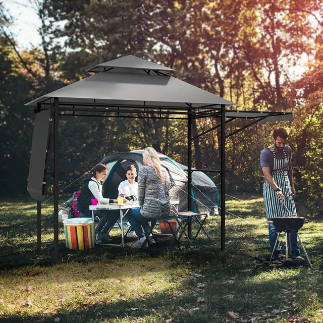 Alt view image 3 of 6 - 13.5x4 Ft Grill Shelter With Dual Side Awnings, Double Tiered BBQ With Shelves, Heavy-Duty Steel Frame, CPAI-84 Fire-Resistant Patio & Garden Gazebo