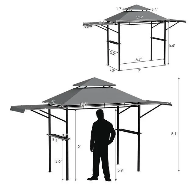 Alt view image 4 of 6 - 13.5x4 Ft Grill Shelter With Dual Side Awnings, Double Tiered BBQ With Shelves, Heavy-Duty Steel Frame, CPAI-84 Fire-Resistant Patio & Garden Gazebo