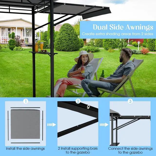 Alt view image 5 of 6 - 13.5x4 Ft Grill Shelter With Dual Side Awnings, Double Tiered BBQ With Shelves, Heavy-Duty Steel Frame, CPAI-84 Fire-Resistant Patio & Garden Gazebo