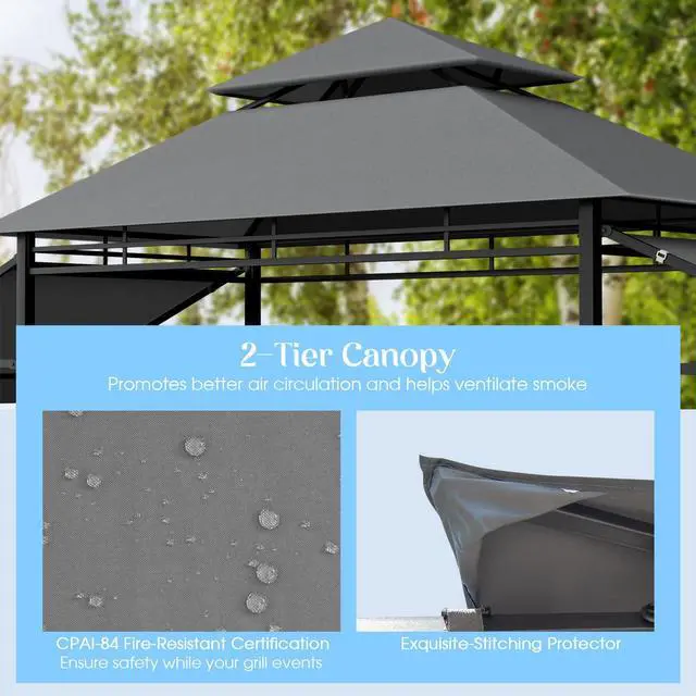 Alt view image 6 of 6 - 13.5x4 Ft Grill Shelter With Dual Side Awnings, Double Tiered BBQ With Shelves, Heavy-Duty Steel Frame, CPAI-84 Fire-Resistant Patio & Garden Gazebo