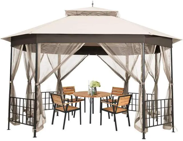 Main image of 10 x 12 Ft Patio Gazebo, Heavy Duty Octagonal Canopy Gazebo w/Netting Sidewalls and Sturdy Steel Frame, Double Roof Vented Gazebo Canopy Shelter for Backyard Event Party BBQ (Beige)