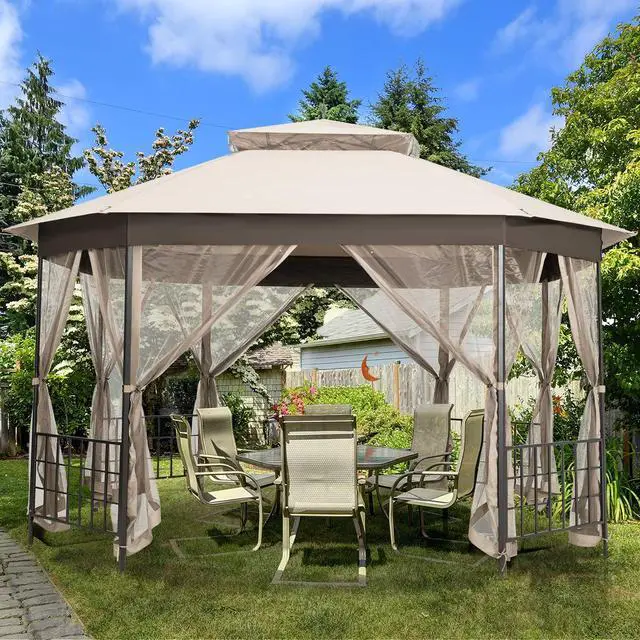 Alt view image 2 of 6 - 10 x 12 Ft Patio Gazebo, Heavy Duty Octagonal Canopy Gazebo w/Netting Sidewalls and Sturdy Steel Frame, Double Roof Vented Gazebo Canopy Shelter for Backyard Event Party BBQ (Beige)